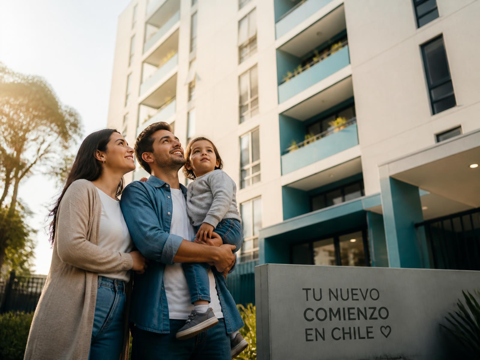 Familia chilena frente a su nuevo edificio de departamentos